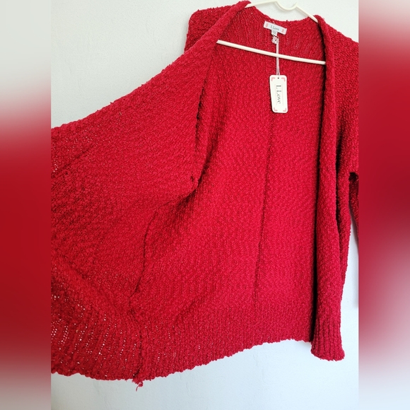 L Love Women's Fuzzy Open Front Knit Cardigan Dolman Sleeve Red Comfy Small - Picture 11 of 14